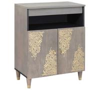 LoogCape Buffet gris et doré 60 x 33 x 75 cm en bois massif de mangue, avec espace de rangement, poignées élégantes en laiton, portes, étagère, gestion des câbles, pour salon, home cinéma, bureau