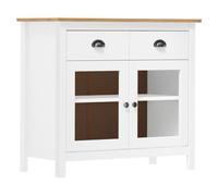 LoogCape Buffet Hill blanc 90 x 40 x 80 cm en pin massif avec 2 tiroirs, étagères et portes en verre pour salon, salle à manger, couloir et bureau, espace de rangement peu encombrant, robuste et