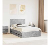 LoogCape Cadre de lit avec tête de lit gris béton 135 x 190 cm en bois d'ingénierie moderne avec espace de rangement et cadre à lattes robuste pour chambre à coucher avec tiroir caché