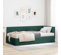 LoogCape Cadre de lit d'angle avec matelas et tête de lit murale en velours vert, lit double, lit simple, capitonné, avec espace de rangement, design moderne
