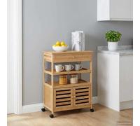 LoogCape Chariot de cuisine à roulettes en bambou naturel 59,5 x 36 x 82 cm Chariot de service polyvalent avec espace de rangement, roulettes pivotantes, verrouillable, idéal pour salle à manger, bar