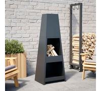 LoogCape Cheminée de jardin avec plateau en bois au design tour noir en acier revêtu par pulvérisation pour des soirées agréables dans le jardin, résistante aux intempéries, avec bac à cendres
