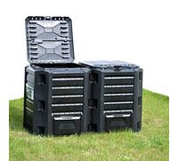 LoogCape Composteur de jardin noir 1600 l avec couvercle et rabat pour une décomposition organique rapide, bac résistant aux intempéries pour jardin, pelouse, feuilles, déchets de cuisine, recyclage