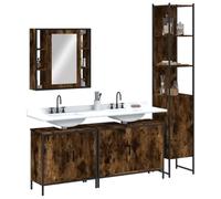LoogCape Ensemble d'armoires de Salle de Bain 4 pièces en chêne fumé avec Miroir, Meuble lavabo Double, Colonne de Rangement Suspendue, étagère, Pieds réglables pour Salle de Bain