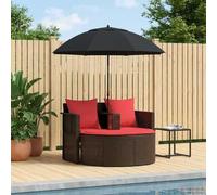 LoogCape Ensemble de canapé de jardin marron et rouge 168 x 168 x 180 cm en polyrotin avec tabouret demi-rond et parasol - Meuble d'extérieur résistant aux intempéries pour jardin, balcon, terrasse