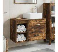 LoogCape Ensemble de meubles de salle de bain 2 pièces, chêne fumé, montage mural, lavabo avec tiroir et armoire, avec forets pour robinet de lavabo, espace de rangement