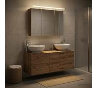 LoogCape Ensemble de meubles de salle de bain 4 pièces en chêne artisanal - En bois d'ingénierie - Verre - Montage mural - Espace de rangement - Éclairage LED - Source d'alimentation USB