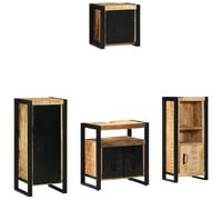 LoogCape Ensemble de meubles de salle de bain en bois de manguier massif marron et noir, 4 pièces, suspendus et debout, pour buanderie, WC d'invités et buanderie avec tiroir, porte, étagère