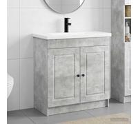 LoogCape Ensemble de meubles de salle de bain gris béton pour buanderie, meuble bas en bois avec robinet de lavabo 56 x 37,5 x 81 cm, espace de rangement et portes avec boutons