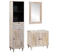 LoogCape Ensemble de mobilier de Salle de Bain 3 pièces Blanc en Bois Massif avec Miroir Mural Armoire Colonne et Meuble sous lavabo pour Rangement Pratique et décoration Rustique