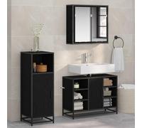 LoogCape Ensemble de mobilier de Salle de Bain 3 pièces Chêne Noir en Bois d'ingénierie avec Miroir Mural, Armoire, Colonne, Rangement Suspendu et tiroirs pour Espace Moderne et organisé