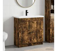LoogCape Ensemble de mobilier de Salle de Bain en Bois d'ingénierie Chêne fumé avec lavabo intégré, étagères, Portes à Boutons en métal, pour Rangement Pratique et Style Moderne