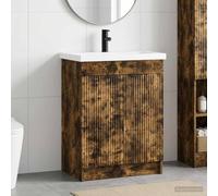 LoogCape Ensemble de mobilier de Salle de Bain en Bois d'ingénierie Chêne fumé avec lavabo, Robinet, étagère, Porte Suspendu, tiroir, Support, Miroir Double, Rangement optimisé pour intérieur