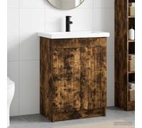 LoogCape Ensemble de mobilier de Salle de Bain en Bois d'ingénierie Chêne fumé avec lavabo, Robinet, Grand Rangement, Porte Suspendu, étagère, Support Tuyau, idéal pour Salle Bain Moderne