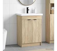 LoogCape Ensemble de mobilier de Salle de Bain en Bois d'ingénierie Chêne Sonoma avec lavabo, Robinet, Rangement, Porte Suspendu, étagère, tiroir, Miroir et Support Mural pour Salle Bain Moderne