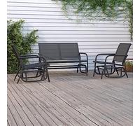 LoogCape Ensemble de salon de jardin 3 pièces avec balançoire noire en acier textilène, meubles de jardin pour terrasse, véranda et extérieur, résistant aux intempéries, avec coussin, fonction