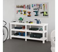 LoogCape Établi blanc 181 x 50 x 80 cm en pin massif avec espace de rangement, réglable en hauteur, pliable, avec tiroirs, étau, mur perforé, idéal pour garage, atelier, cave, bricolage