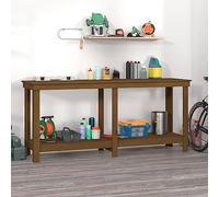 LoogCape Établi marron miel 180 x 50 x 80 cm en bois massif avec tiroirs, cloison perforée et étau, réglable en hauteur, pliable, idéal pour garage, atelier, cave, bricolage, robuste et polyvalent