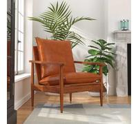 LoogCape Fauteuil en cuir véritable marron en bois d'acacia fait à la main avec finition miel, 52 x 65 x 72 cm, coussin 8 cm, pour coin lecture, salon, bureau, confort rétro