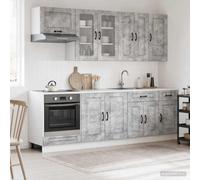 LoogCape Kalmar Coin de cuisine 8 pièces gris béton en bois avec armoire suspendue, armoire basse, armoire haute, vitrine et tiroir pour espace de rangement, plan de travail, cuisine, salle à manger