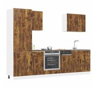 LoogCape Kalmar Ensemble de 7 armoires de cuisine en chêne fumé avec armoire basse, armoire suspendue, armoire haute, buffet, tiroir, compartiment pour rangement et étagère dans la cuisine