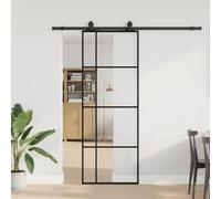 LoogCape Kit de ferrures de porte coulissante en verre trempé noir - 76 x 205 cm - Rail coulissant en acier revêtu par pulvérisation - Roulettes silencieuses et butoir de porte - Pour appartement