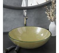 LoogCape Lavabo de salle de bain avec robinet et vidage doré rond 42 cm lavabo en verre pour lavabo lavabo à main avec robinet en céramique, peu encombrant, durable