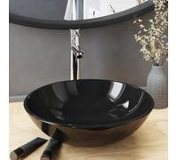 LoogCape Lavabo de salle de bain avec robinet, vidage noir, rond, 42 cm, verre, zinc, laiton, peu encombrant, montage mural, durable, pour toilettes d'invités, salle de bain, lavabo, lavabo à main