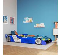 LoogCape Lit de voiture de course pour enfant - 90 x 200 cm - Bleu - Cadre en MDF solide avec sommier à lattes en bois - Pour les tout-petits à partir de 4 ans - Avec grille de protection - Roulettes