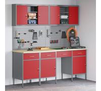 LoogCape Lot de 10 établis avec tiroirs rouges en bois et acier, meubles d'atelier robustes avec beaucoup d'espace de rangement, idéal pour garage, cave, chantier, avec serrures à cames et montage