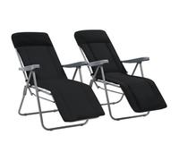 LoogCape Lot de 2 chaises de jardin pliantes avec coussins, noires, réglables en 5 positions, avec accoudoir et repose-pieds, acier revêtu par pulvérisation, idéales pour balcon, terrasse
