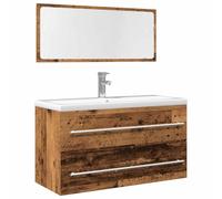 LoogCape Lot de 2 meubles de salle de bain aspect bois vieilli avec meuble sous lavabo et armoire à miroir, 90 x 38,5 x 48 cm, montage mural pour salle de bain, WC d'invités, buanderie, espace de