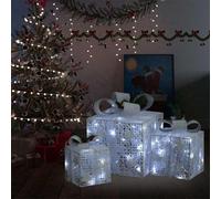 LoogCape Lot de 3 boîtes cadeaux décoratives blanches avec 60 lumières LED pour l'intérieur et l'extérieur, décoration de Noël avec 8 effets de lumière, matériau en tissu imperméable, idéal pour