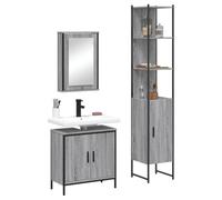 LoogCape Lot de 3 meubles de salle de bain gris Sonoma en bois composé, armoire à miroir, meuble sous lavabo et armoire haute, suspendu ou posé pour buanderie, WC d'invités et buanderie, espace de