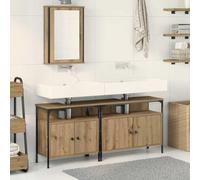 LoogCape Lot de 3 meubles de salle de bain - Marron - En bois - 80 x 30 x 60 cm - Montage mural - Lavabo avec miroir, espace de rangement et boutons pour salle de bain moderne