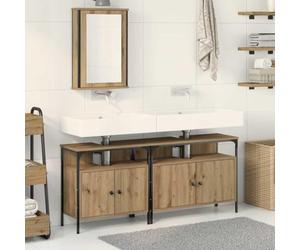 LoogCape Lot de 3 meubles de salle de bain - Marron - En bois - 80 x 30 x 60 cm - Montage mural - Lavabo avec miroir, espace de rangement et boutons pour salle de bain moderne