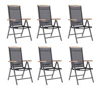 LoogCape Lot de 6 chaises de jardin pliantes noires avec textilène respirant, dossier réglable en 7 positions, accoudoirs en contreplaqué, légères et peu encombrantes, pour balcon, terrasse, jardin