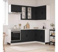 LoogCape Lucca Coin de cuisine 8 pièces noir en bois avec pieds réglables, armoire suspendue, armoire basse, vitrine, espace de rangement pour cuisine, salle à manger