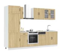 LoogCape Lucca Lot de 8 armoires de cuisine en chêne Sonoma en bois et verre avec meuble inférieur, armoire suspendue, armoire haute et panneau de lave-vaisselle pour espace de rangement, plan de