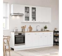 LoogCape Lyon Meuble de cuisine 8 pièces blanc en bois avec armoire suspendue, armoire de garde-manger, pieds réglables, fixation murale pour cuisine moderne et solution de rangement flexible