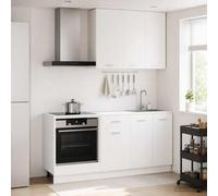 LoogCape Lyon Meuble de cuisine en bois blanc 5 pièces avec pieds réglables, armoire murale avec tiroir, armoire inférieure et garde-manger pour plan de travail
