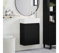 LoogCape Meuble de lavabo de salle de bain avec robinet noir, montage mural, commode, espace de rangement pour salle de bain, lavabo en céramique, mitigeur poussoir, 45,5 x 22,5 x 84 cm