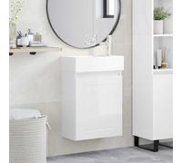 LoogCape Meuble de lavabo de salle de bain blanc brillant avec lavabo en céramique, robinet, bonde push, montage mural, espace de rangement pour meubles de salle de bain, buanderie, organiseur