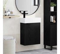 LoogCape Meuble de salle de bain en chêne noir avec lavabo et robinet noir, meuble de salle de bain mural en bois et céramique, 45,5 x 22,5 x 84 cm, avec espace de rangement