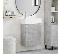 LoogCape Meuble sous lavabo de salle de bain gris béton avec robinet et lavabo en céramique, rangement mural avec tiroir et bonde poussoir, pour meubles de salle de bain