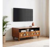 LoogCape Meuble TV avec étagère en noyer 70 x 33 x 46 cm en bois massif de mangue, pour salon, home cinéma et jeu, espace de rangement, gestion des câbles, buffet, armoire multimédia, table TV