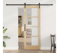 LoogCape Orkdal Porte coulissante naturelle en pin massif avec verre, 73,5 x 198,5 cm, avec kit de quincaillerie pour intérieur, couloir, glisse en douceur
