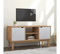 LoogCape OTTA Meuble TV marron et blanc, 113,5 x 43 x 57 cm, en pin massif, design scandinave, avec espace de rangement, pour salon, support TV universel stable