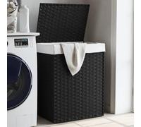 LoogCape Panier à linge avec couvercle, noir, 46 x 33 x 60 cm, en rotin PE, pliable, avec poignée, pour salle de bain, chambre à coucher, buanderie, peu encombrant, avec sac intérieur amovible