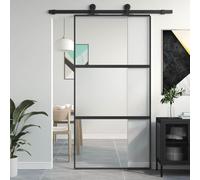 LoogCape Porte coulissante en verre trempé et aluminium noir 102,5 x 205 cm, verre transparent mat pour entrée, porte coulissante silencieuse avec amortisseur de porte et butée de porte
